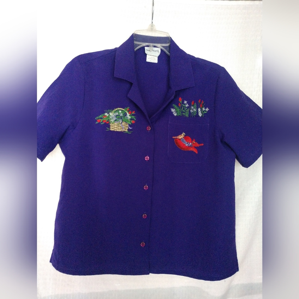 BonWorth Purple Embroidered Short Sleeve Shirt Flowers Red Hat XS Petite